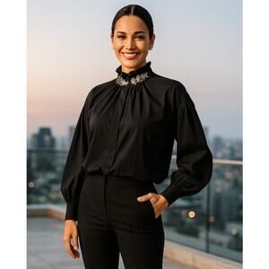 Vivetta Black Tunic Top Italy Sz 40 Oversized Romantic Embroidery Made in Italy